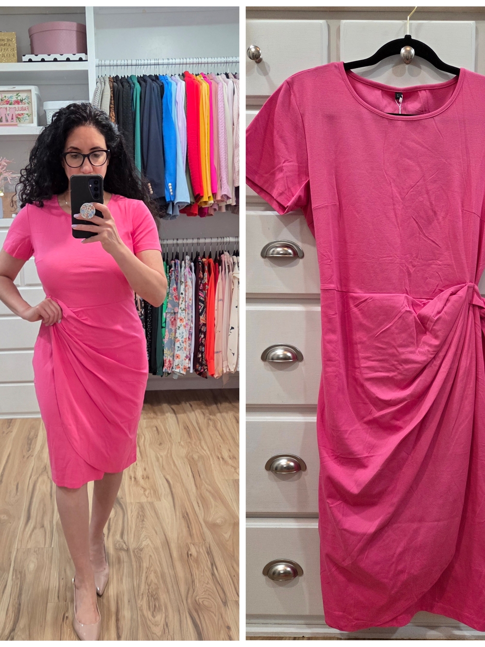 NWT Knot-Detail Short Sleeve Midi Dress in Bright Pink